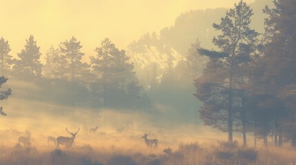 A herd of deer grazing in a misty forest meadow.