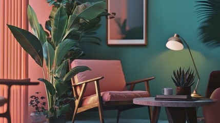 Cozy living room with plants and warm lighting