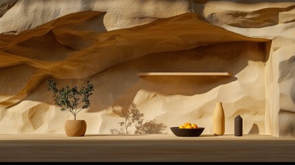 A minimalist interior scene with a wooden shelf, a plant, a bowl of fruit, and a vase.
