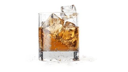
A glass of liquor with ice cubes in it. The ice cubes are melting and the liquid is sloshing around in the glass

