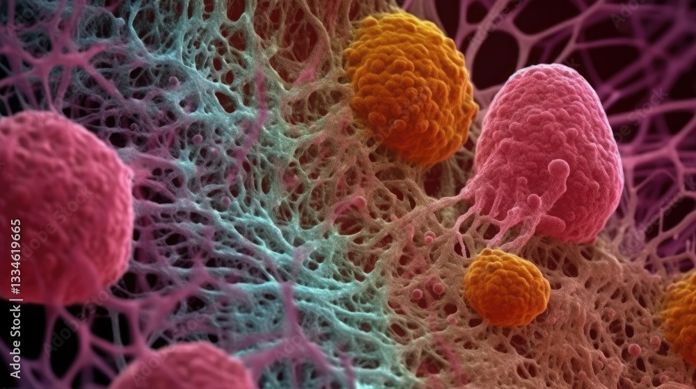 Poster microscopic view of respiratory system cells, highly detailed electron microscope image with vivid c