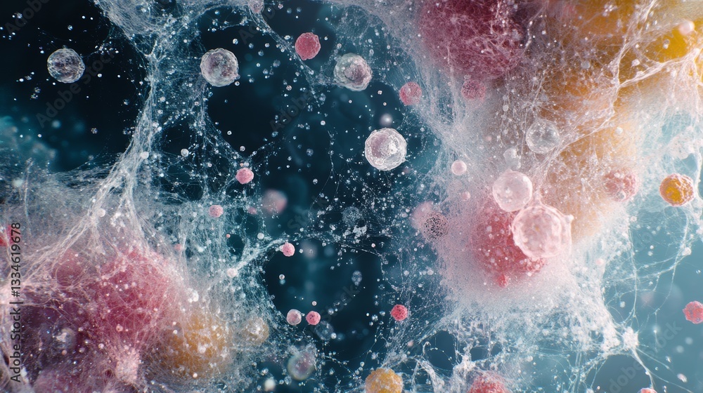 Poster microscopic view of water droplet with microorganisms and floating particles in vibrant colors