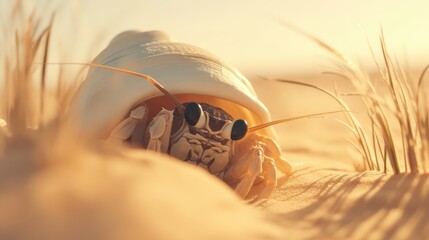 A hermit crab crawling along a sandy beach.