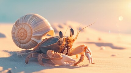 A hermit crab crawling along a sandy beach.