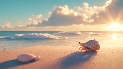 A hermit crab peeking out from its shell on a sandy shore.