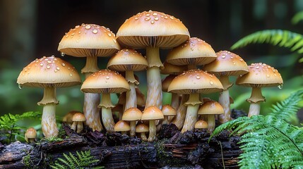 Cluster of mushrooms on log in forest