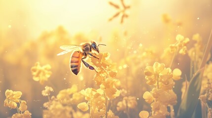 A honeybee perched delicately on a blooming flower.