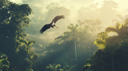 A hornbill flying across a rainforest canopy.