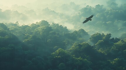 A hornbill flying across a rainforest canopy.