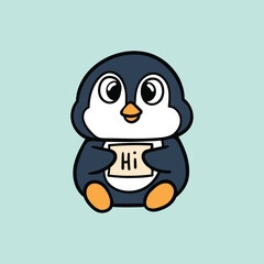 Kawaii penguin hold paper say hi