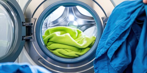 Laundry in a washing machine with vibrant blue and green towels inside.