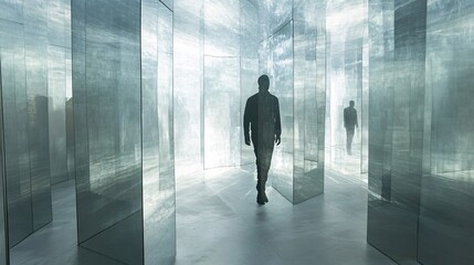 Fototapeta premium Solitary Man Walking Through a Maze of Transparent Glass Panels in a Surreal Infinite Reflection Space