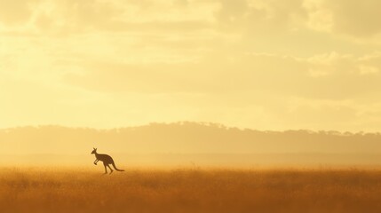 A kangaroo hopping across an open expanse of outback.