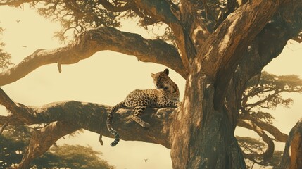 A leopard lounging in the branches of a tall tree.
