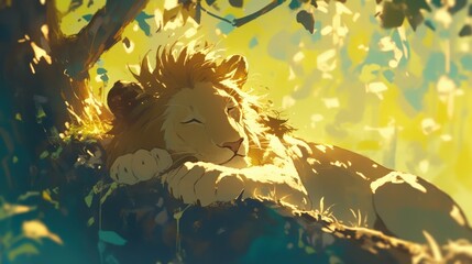 A lion lounging in the shade of a tall tree.