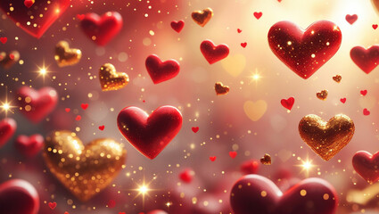 Obraz premium A dreamy scene filled with glowing red and golden hearts of various sizes, floating in a soft-focus background