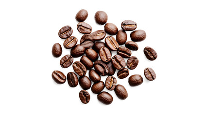 Naklejka premium A pile of coffee beans on a white background. The beans are of different sizes and shapes. Concept of warmth and comfort, as coffee is often associated with relaxation and socializing
