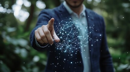 Man touching a digital network sphere.