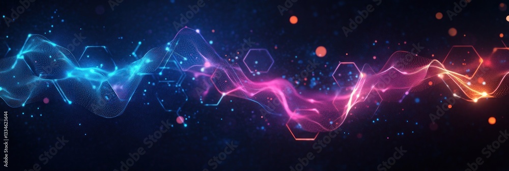 Poster futuristic digital art with glowing hexagons and wave patterns in blue and pink background