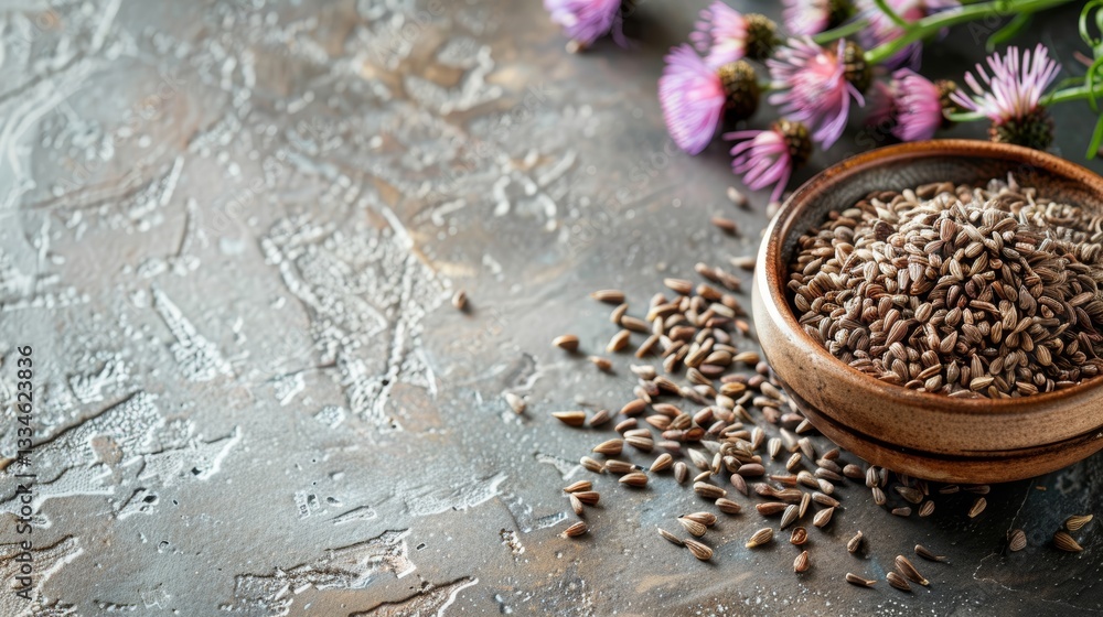 Poster milk thistle seeds arranged on a table with empty space for adding text or images