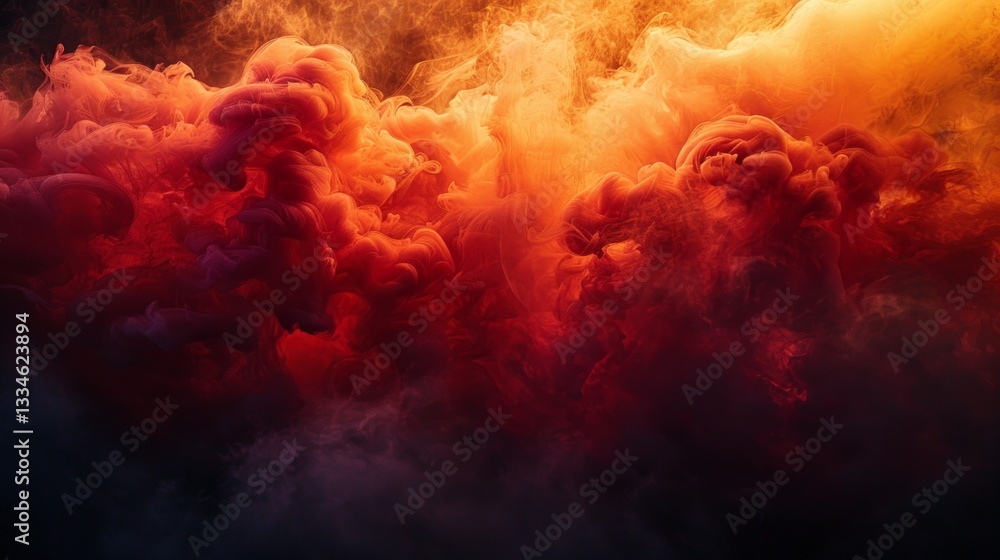 Poster dramatic and vibrant abstract background of swirling red, orange, and yellow ink clouds in water, cr
