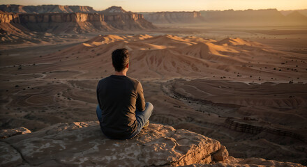 Man Sitting on Cliff at Sunset Overlooking Majestic  Breathtaking Desert Dunes and Canyon Landscape, The atmosphere exudes a sense of peace, introspection and connection with nature