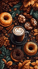 Fototapeta premium Aromatic Autumn: A delightful still-life of a cappuccino with heart-shaped latte art, surrounded by coffee beans, donuts, cinnamon sticks, and autumnal foliage, inviting warmth and indulgence.