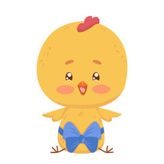 Yellow chicken with red crest is wearing blue bow. Vector texture character isolated on background. Small fluffy birth symbol. Front view. Birthday, Easter, holiday card