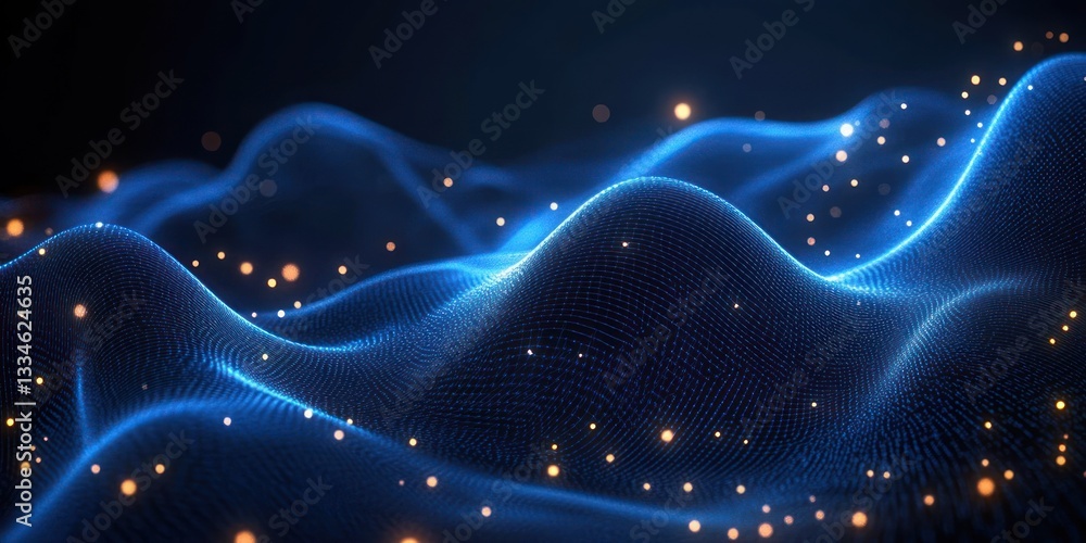 Poster futuristic abstract digital art composition of blue waveforms and geometric patterns in cyberpunk st