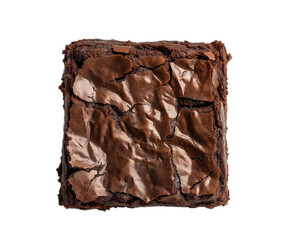 Piece of fresh cocoa brownie isolated on white background. Dronie fudge slice isolated on white. 