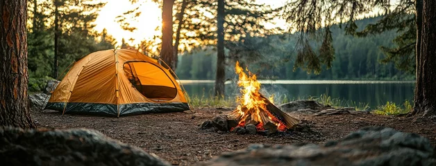 Fotobehang serene camping scene featuring bright orange tent beside crackling campfire, surrounded by tall trees and tranquil lake at sunset © ryker