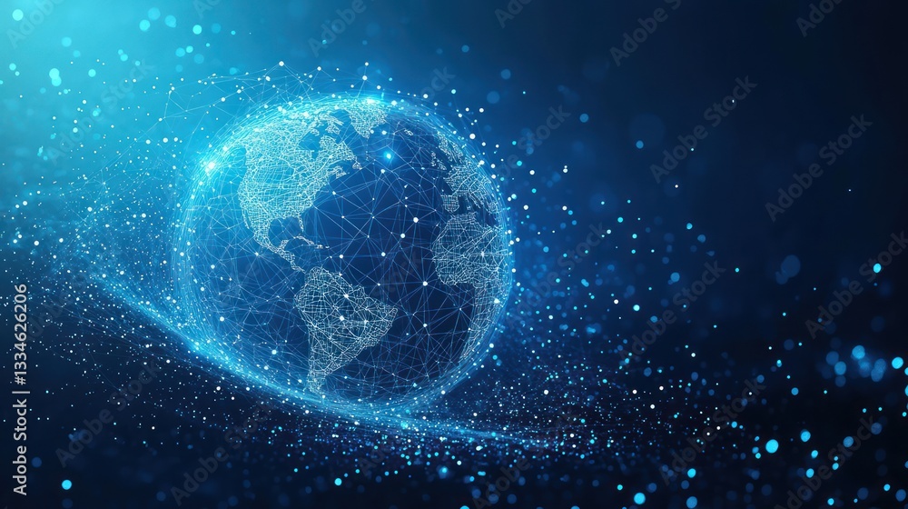 Poster global network visualization technology abstract digital art with geometric globe and blue backgroun