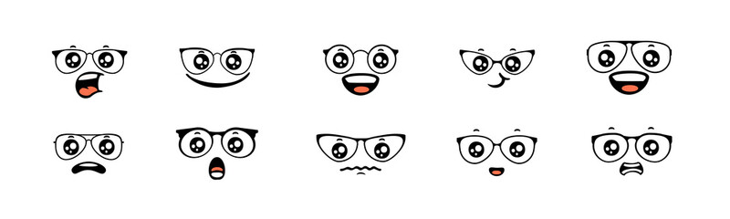 Collection of cartoon faces wearing glasses, showing various emotions like surprise and happiness.