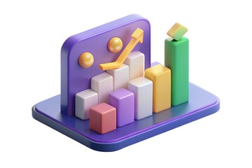 Isometric 3D colorful bar chart showing upward growth with an arrow indicating positive financial performance and business success.