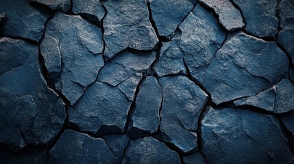 Dramatic close up of deep blue cracked stone surface showcasing rough texture and jagged edges, creating a natural and abstract geological background