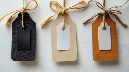 Three blank gift tags with jute twine.