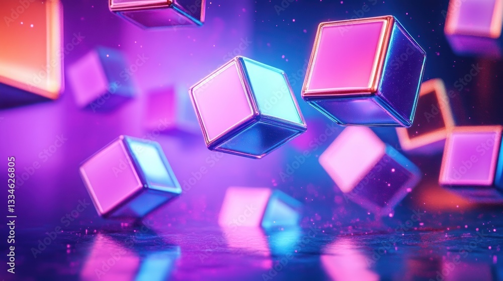Poster 3d rendering of floating metallic cubes in futuristic background with pink and purple neon colors