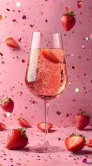 Strawberry Champagne Toast: A champagne flute brimming with sparkling pink drink, adorned with floating strawberries, set against a confetti-strewn background, ready to celebrate.