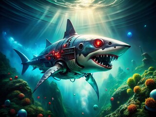 Obraz premium Robotic Shark Underwater, Glowing Red Eyes, Sci-Fi, Mechanical Fish, Futuristic Ocean