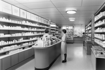 the image of the pharmacy in a retro style, last century