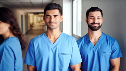 A group of five healthcare workers in scrubs enjoys a moment of camaraderie while standing in a well-lit corridor at their workplace. They share smiles and a sense of teamwork