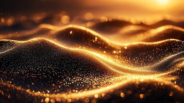 Golden illuminated particles form abstract wave shaped flowing formations