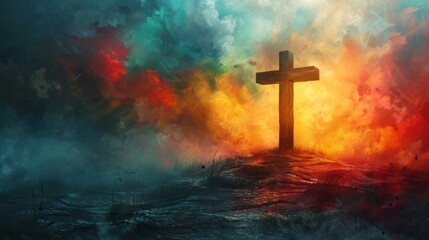 Fototapeta premium Dramatic depiction of a wooden cross atop a hill, illuminated by an ethereal sky, symbolizing faith and hope against a turbulent backdrop
