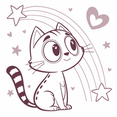 Cute Kitten Rainbow Stars Illustration - Whimsical Mauve Cartoon Cat Design.