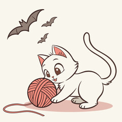 Cute Kitten Playing Yarn, Halloween Bats, Pink.