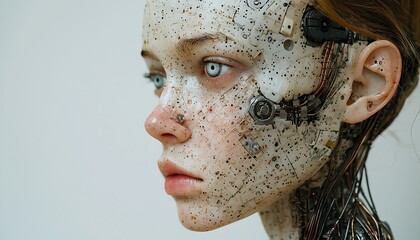 Naklejka premium A close profile portrait of a robotic human hybrid face