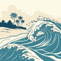 Ocean Wave Beach Scene: Teal Vector Illustration - Palm Trees.