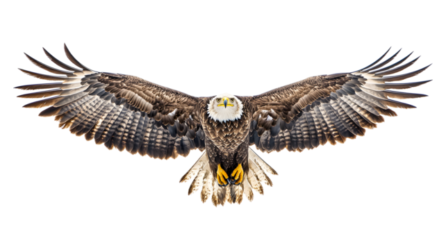 A large eagle is flying in the sky. The bird has a yellow beak and yellow legs. The eagle is soaring high above the ground, with its wings spread wide. Concept of freedom and power