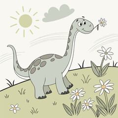 Cute Cartoon Dinosaur with Daisies - Pastel Colors.