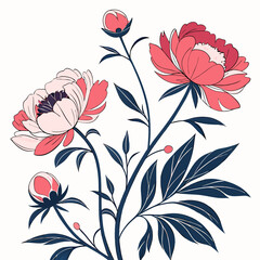 Pink Coral Peonies Floral Illustration - Minimalist Botanical Design.